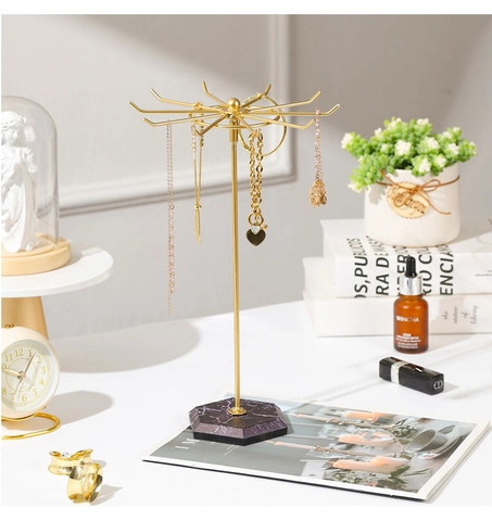 Rotating Jewelry Display Rack Metal Hooks Marble Pattern Base Desktop Organizer For Necklaces Earrings Bracelets