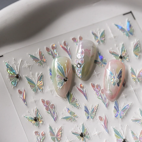 Embossed Nail Art Stickers Holographic Laser Butterfly Tulip Designs Iridescent Self Adhesive Relief Manicure Decoration