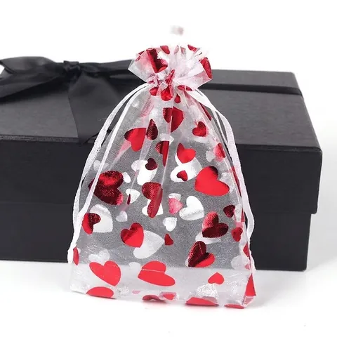 Organza Herz Kordelzug Geschenktüten Valentinstag Hochzeit Party Süßigkeiten Schmuck Verpackungsbeutel Goldprägung Muster