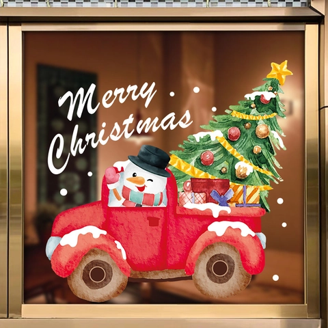 Adesivo Statico Finestra Natale PVC Doppia Faccia Camion Rosso Babbo Natale Pupazzo Di Neve Albero Cartone Animato Decalcomania Vetro