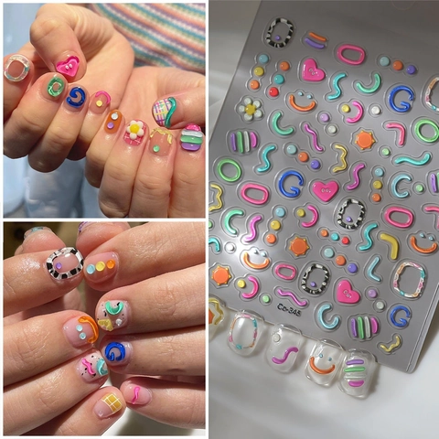 3D Embossed Nail Art Stickers Jelly Texture Dopamine Candy Color Heart Smiley Face DIY Manicure Decoration For Women Girls