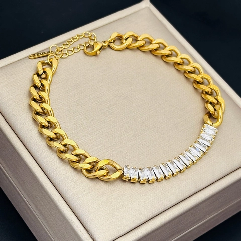 Luxus Gold Plattiert Edelstahl Armband Für Damen Baguetteschliff Zirkonia Eingelegt Panzerkette Armband Schmuck Geschenk