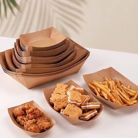 Barcas De Papel Kraft Desechables Bandejas Impermeables Resistentes A La Grasa Para Pollo Frito Patatas Fritas