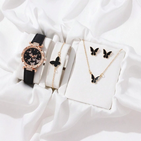 Fashion Women Butterfly Quartz Watch Jewelry Set Rhinestone Inlaid Alloy Case PU Leather Strap Bracelet Necklace Earrings Gift
