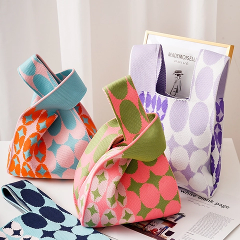 Knitted Handbag Polyester Geometric Pattern Contrast Color Casual Tote For Women Heart Flower Jacquard Niche Design