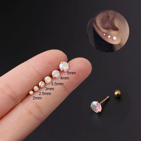Iriserende AB Ronde Zirkoon Oorkraakbeen Stud Roestvrij Staal Verguld Schroefbal Helix Piercing Sieraden Voor Vrouwen