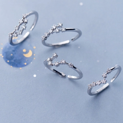 Constellation Open Ring Silver Plated Copper Zircon Adjustable Zodiac Star Sign Jewelry For Women