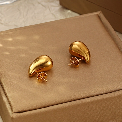 Stainless Steel Water Drop Stud Earrings Women 18K Gold Plated Teardrop Glossy Hammered Minimalist Fashion Jewelry