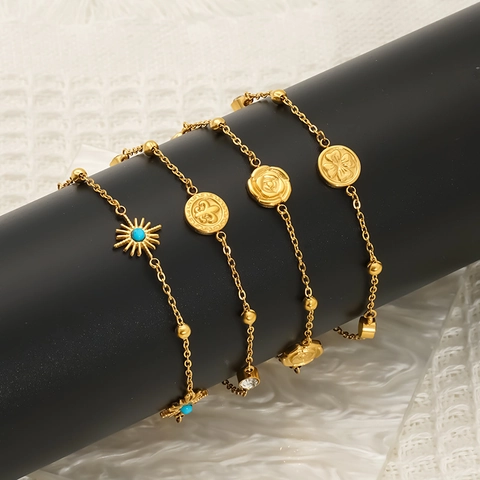 Bracciale In Acciaio Inossidabile Placcato Oro 18K Turchese Zircone Girasole Geometrico Minimalista Gioielli Donna