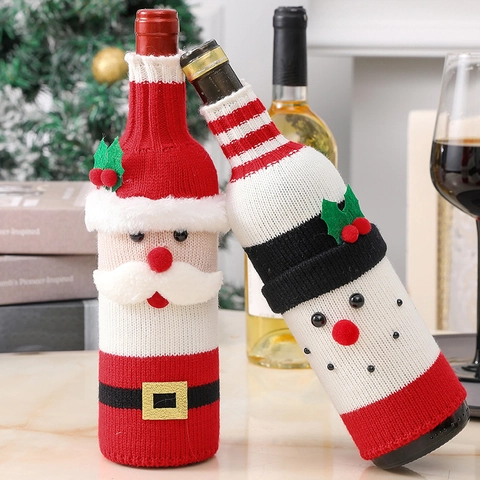 Christmas Wine Bottle Cover Knitted Acrylic Santa Snowman Reindeer Holiday Dining Table Decor Festive Party Gift Ornaments