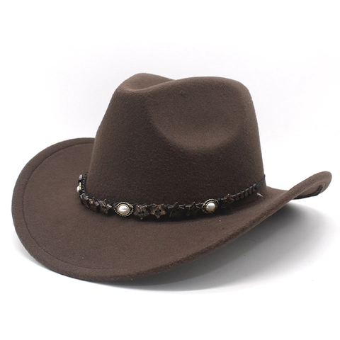 Western Cowboy Hat Wide Brim Polyester Felt Fedora With Ethnic Band Artificial Pearl Wooden Star Decor Vintage For Men Women