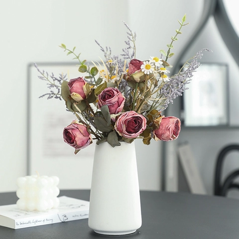 Rétro Artificiel Rose Marguerite Bouquet de Fleurs Soie Fictive Fleur Pour Table Maison Extérieur Mariage Décor Fête Fournitures