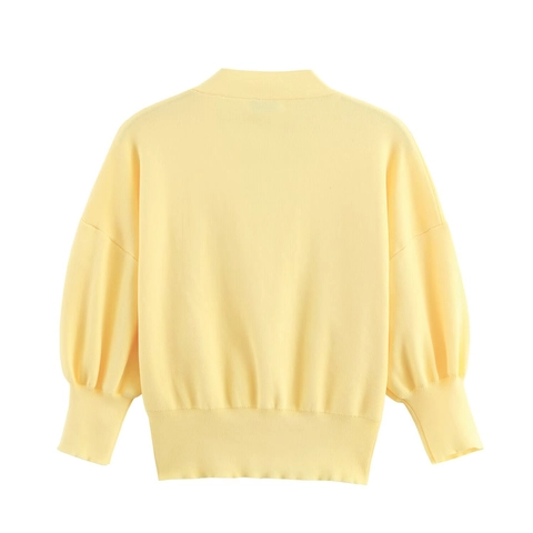 Women Casual Yellow Knit Cardigan V Neck Lantern Sleeve Solid Color Sweater With Irregular Gold Metal Buttons Top