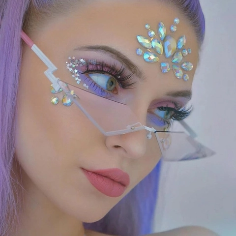 Rimless Sunglasses Lightning Shape Metal Frame Geometric Diamond Lenses UV400 Y2K Punk Party Eyewear For Women Men