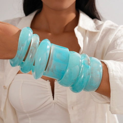 Bracciale In Resina Blu Chiaro Motivo Marmo Minimalista Geometrico Tondo Gioielli Da Polso Per Donne Stile Vacanza
