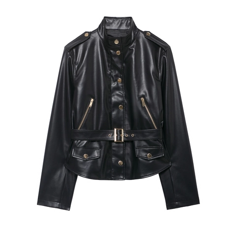 Women PU Leather Belted Moto Jacket And High Waist Pants Streetwear Faux Leather Chic Solid Color Ensemble