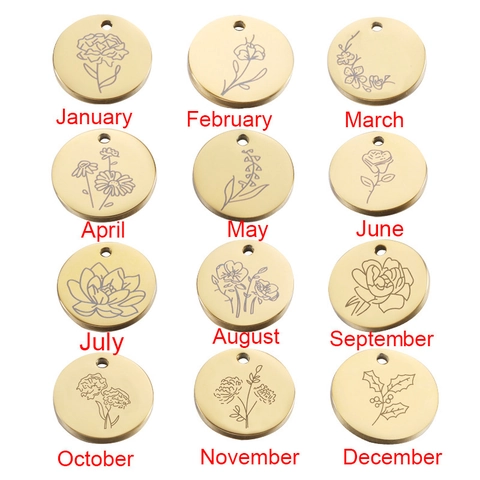 Geburtsblumen Anhänger Edelstahl Spiegelpoliert Rund Scheibe Pendants DIY Schmuckherstellung Lasergraviertes Blumendesign