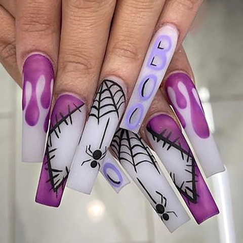 Uñas Postizas Halloween Largas Ataúd Mate Morado Telaraña Gótico Patrón Boo DIY Para Fiesta