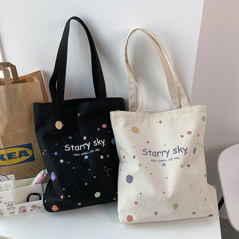 Women Canvas Tote Bag Starry Sky Planet Hot Air Balloon Print Large Capacity Zipper Shoulder Handbag Daily School