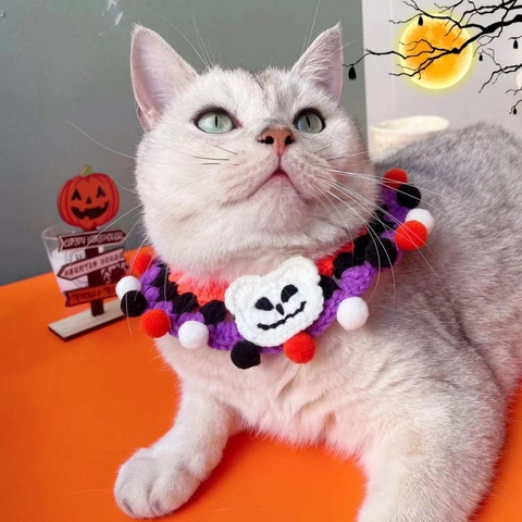 Pet Halloween Collar Hat Handmade Crochet Cotton Knitted Pumpkin Ghost Spider Decorative Accessories For Cats Small Dogs