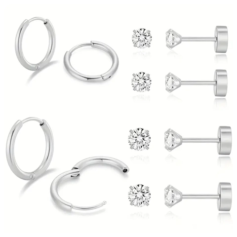 Zircon Stud Earrings And Hoop Earrings Stainless Steel Minimalist Round Geometric Jewelry For Women Simple Elegant Fashion Accessories