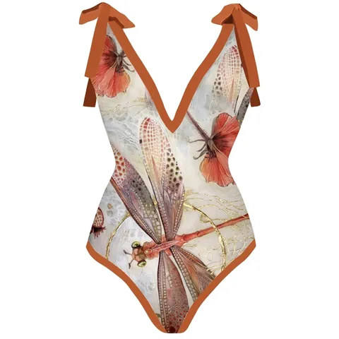 Women Swimsuit And Wrap Skirt Dragonfly Floral Print Tie Straps V Neck Beach Vacation Beachwear Polyester