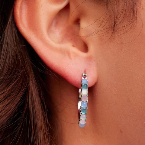 Multi Color Faux Moonstone Hoop Earrings Elegant Copper Geometric Circle Jewelry For Women Daily Wear Sweet Style