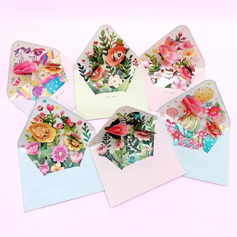 3D Pop Up Greeting Cards Paper Handmade Laser Cut With Envelopes For Birthday Festival Blessing Flower Unicorn Cat Designs