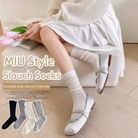 Women Slouch Socks Cotton Ribbed Mesh Breathable Mid-Calf Crew Length Solid Color Ballet Style Thin Summer Hosiery
