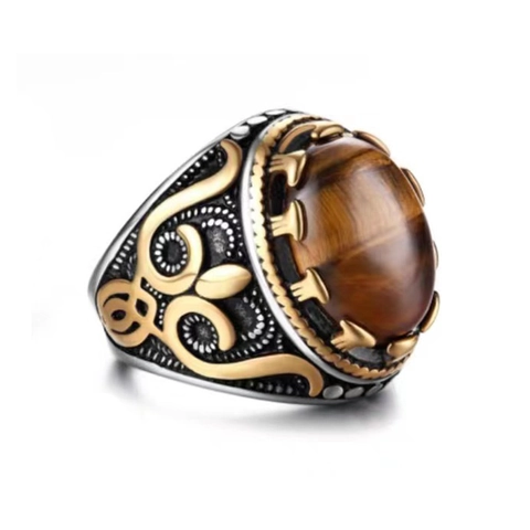 Vintage Men Rings Titanium Steel With Tiger Eye Stone And Black Enamel Celtic Knot Pattern Retro Punk Hip Hop Jewelry