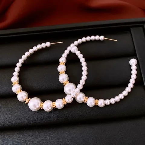 Hoop-Ohrringe Französisch Retro Beaded White Imitation Artificial Pearl Large Circle Mit 925 Sterling Silver Earring Post Elegant