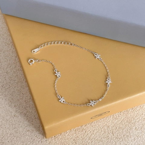 Pulsera de Flores de Plata de Ley S925 para Mujer Estilo Bosque Fresco Dulce Minimalista Joyería Floral Cadena de Muñeca Ajustable Regalo