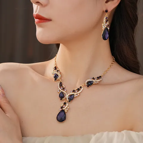 Conjunto Joyería Vintage Lujo Collar Y Pendientes Cristal Gota De Agua Púrpura Diamante De Imitación Cobre Mujeres Fiesta Boda