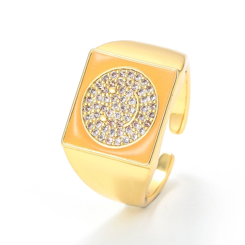 Smile Face Square Signet Ring For Women Copper With Colorful Enamel Pavé Zircon Adjustable Open Design Trendy Jewelry