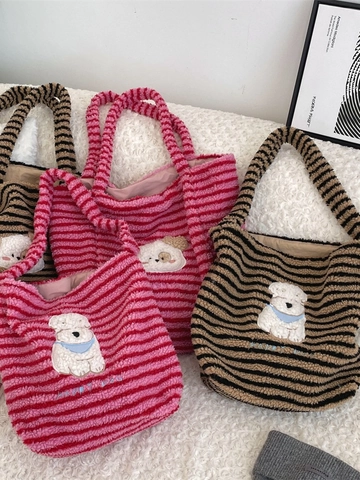 Cartoon Dog Patch Striped Plush Tote Bag Soft Lamb Wool Shoulder Handbag Women Casual Large Capacity Cozy Winter Style