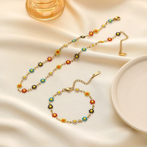 Collar Pulsera Con Colgante De Margarita Acero Inoxidable Esmalte Colorido Estilo Dulce Y Fresco Para Mujer Joyería Chapada En Oro