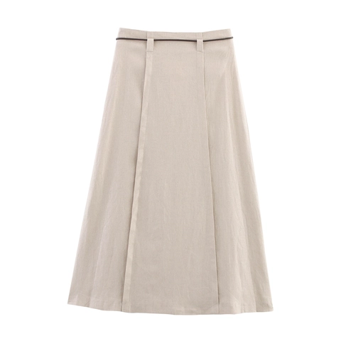 Falda Midi Casual Para Mujer Color Sólido Línea A Textura Efecto Lino Con Cinturón Fino Decorativo Cintura Alta Elegante