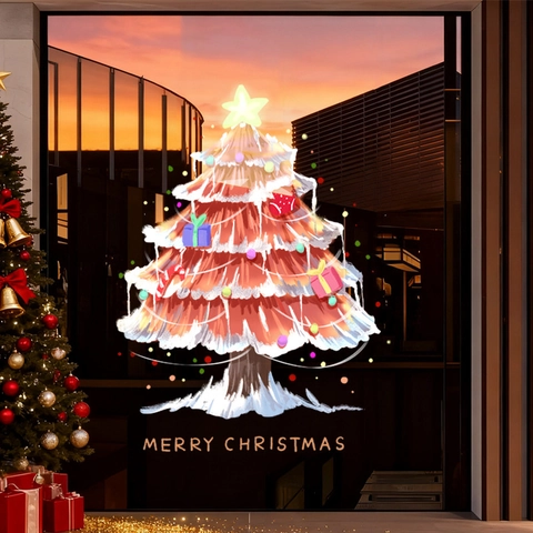 Red Christmas Tree Window Cling Static PVC Double Sided Removable 3D Sticker For Glass Door Shop Home Festive Decor