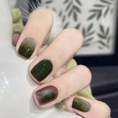 Dark Green Gradient Marble Press On Nails Silver Glitter Short Square Round Reusable Artificial Fake Nails