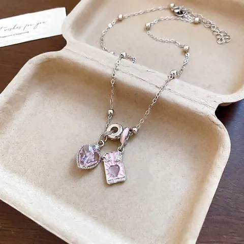 Pink Heart Rhinestone Pendant Necklace Enamel Rectangle Card Silver Tone Alloy Sweet Romantic Jewelry For Women
