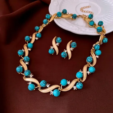 Vintage Turquoise Jewelry Necklace Earrings Alloy With Rhinestone Palace Style For Women Silver Earring Post
