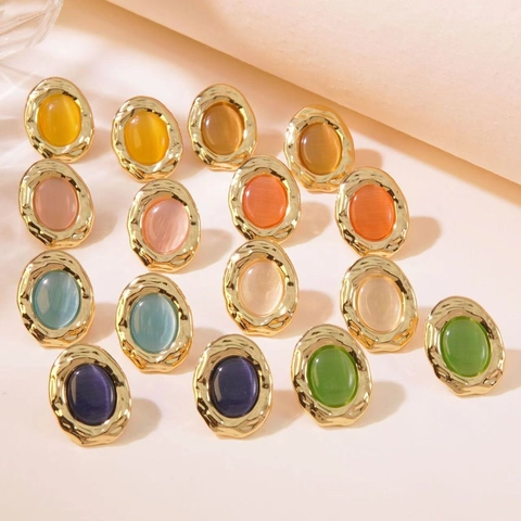 Vintage Oval Geometric Stud Earrings Stainless Steel With Tiger Eye And Cat Eye Stone Retro Style For Women