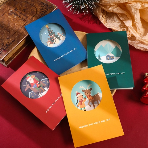 Christmas Greeting Card Hollow Out Cartoon Illustration Snowman Santa Reindeer With Envelope Festive Holiday Blessing Card
