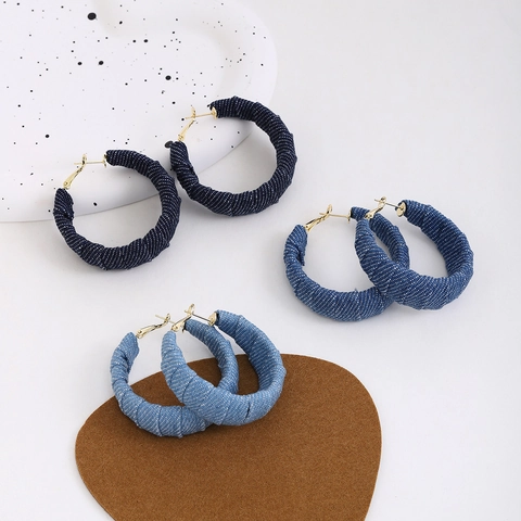 Denim Fabric Polka Dot Hoop Earrings With Earring Post Retro Vintage Fashion Jewelry For Women Geometric Accessories