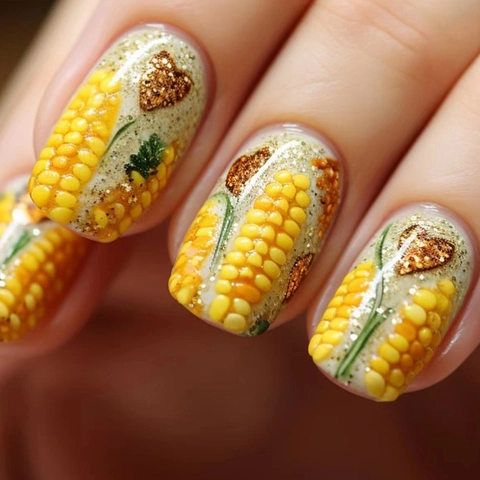 Yellow Corn Theme Press On Nails Medium Square 3D Texture Glitter Heart Sweet Ins Style For Women