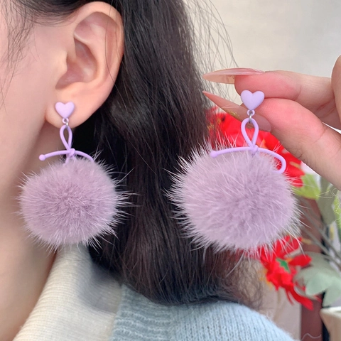 Süße Herz Schleife Plüsch Bommel Hängeohrringe Mit Silbernem Ohrstecker Für Damen Herbst Winter Mode Elegantes Schmuckgeschenk