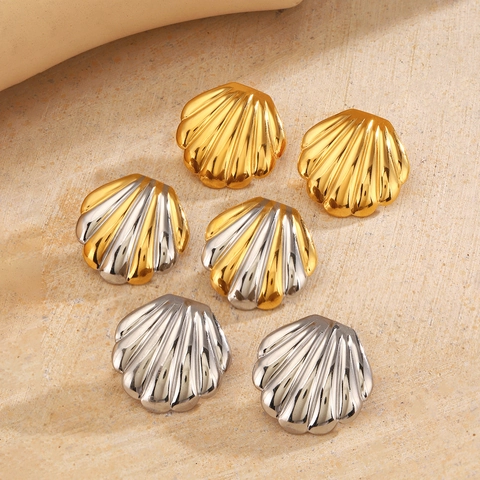 Stainless Steel Shell Stud Earrings Fashion Beach Vacation Jewelry For Women Gold Silver Two Tone Style