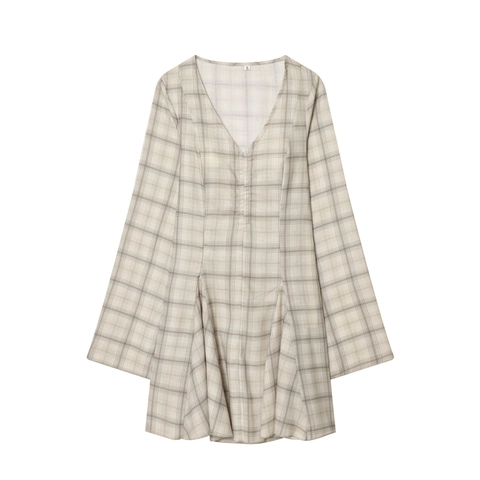 Vintage Karo Minikleid Mit V-Ausschnitt Und Langen Trompetenärmeln Hohe Taille A-Linie Rüschensaum Süßer Stil Für Damen