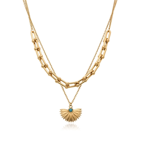 Double Layer Pendant Necklace Titanium Steel U Link Snake Chain Blue Agate Fan Sun Heart Pendant Retro Fashion Women Jewelry