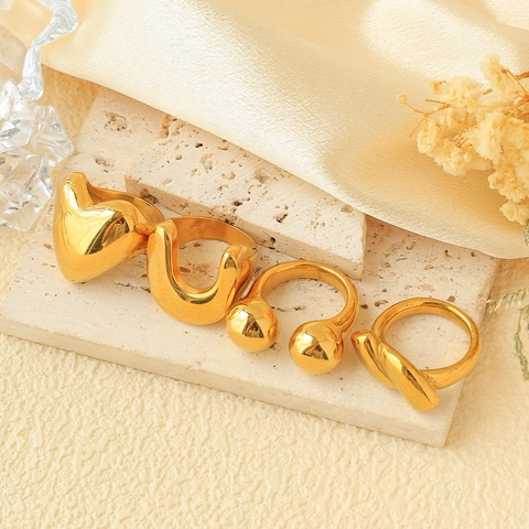 Bague Vintage en Acier Inoxydable pour Femme Rétro Cœur Perle Dorée Ouverte Ajustable Forme en U Torsadée Géométrique